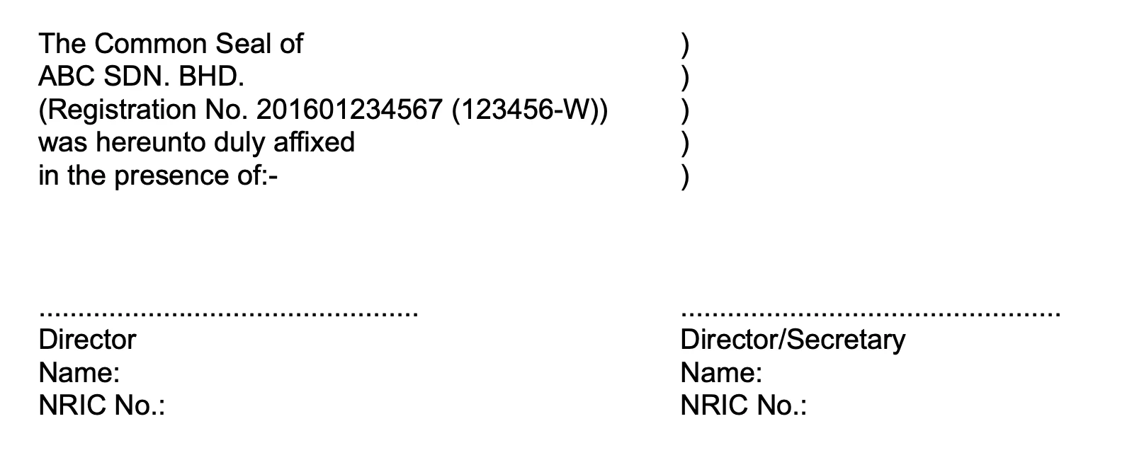 format for execution by affixation of common seal
