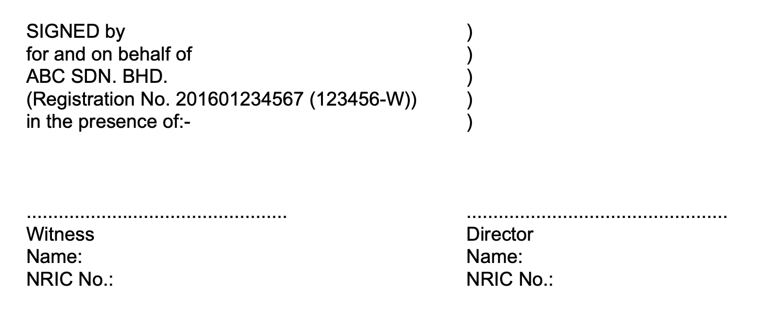format for execution on behalf of the company by sole director